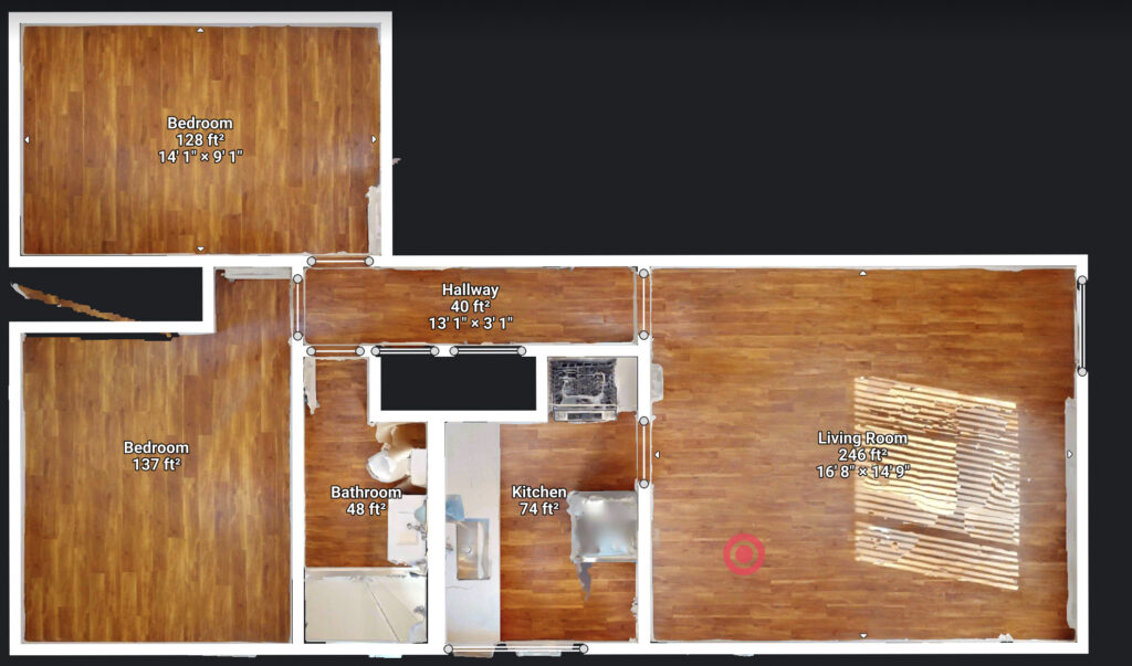 3D floor plan of a renovated two-bedroom, one-bath duplex rental in Imperial Beach, featuring a 784-square-foot layout with living room, kitchen, bedrooms, bathroom, and hallway.