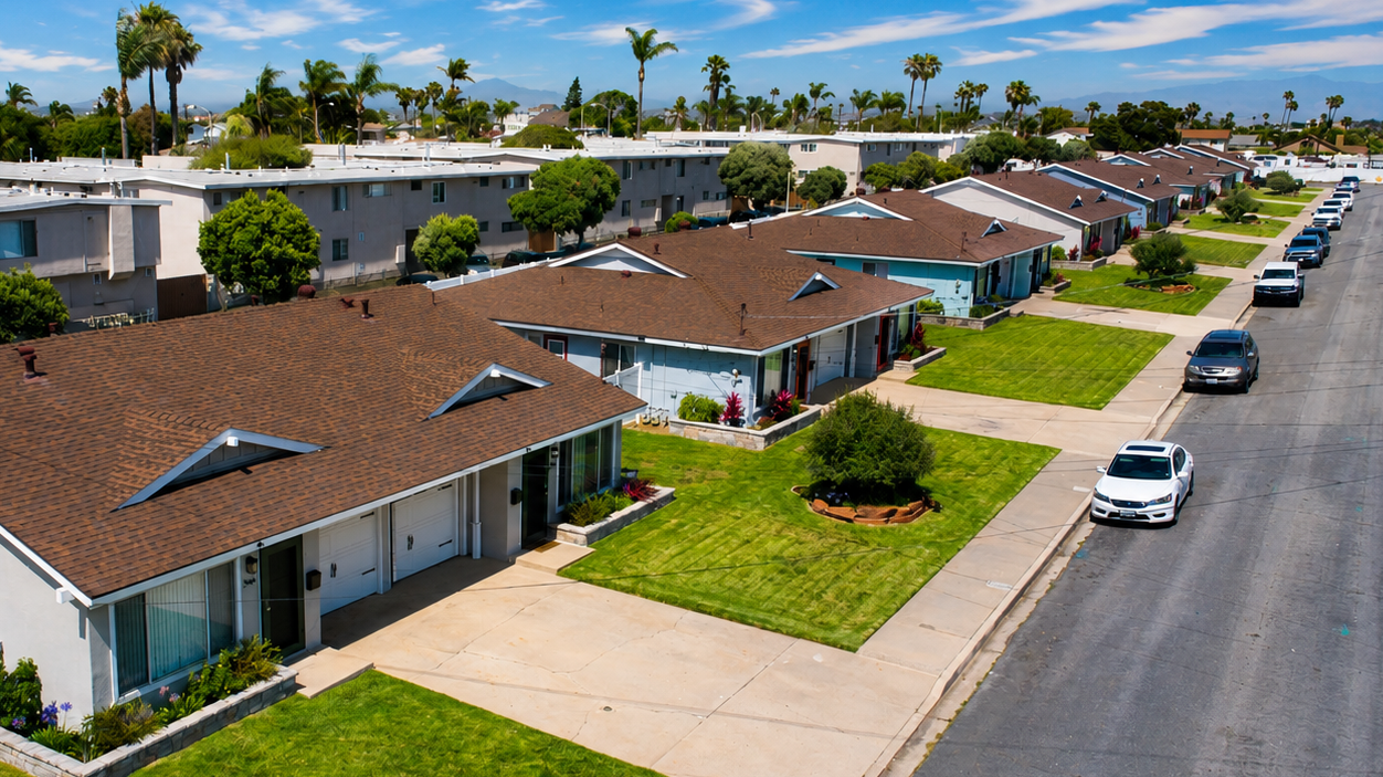 Home Aerial view of The Dahlia Coastal Bungalows residential community and landscaped duplex residences in Imperial Beach, California.