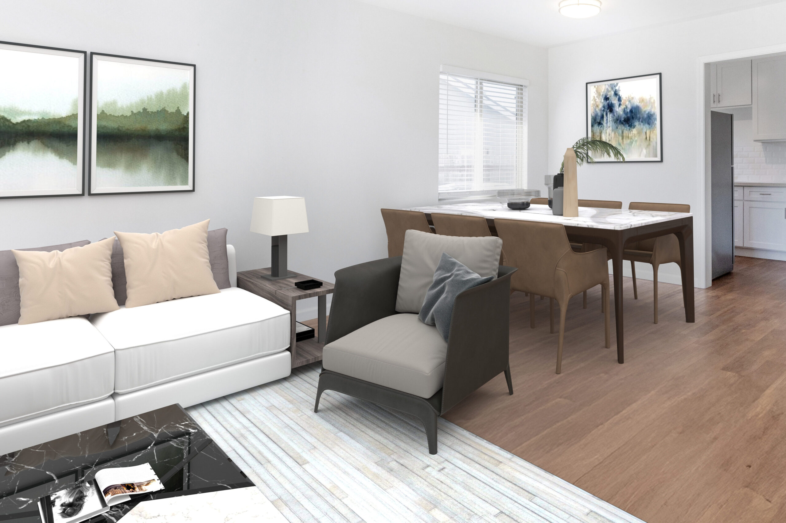 Coastal bungalow dining area with a wood dining table, upholstered chairs, contemporary artwork, and wood-look flooring.