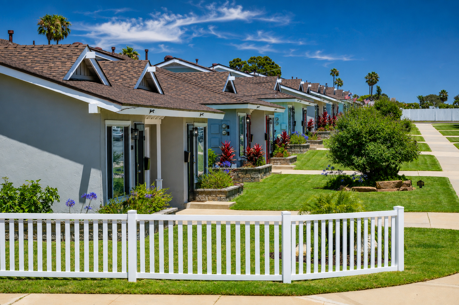 Gallery Row of renovated duplex rental residences with landscaped yards and sidewalks at The Dahlia in Imperial Beach.